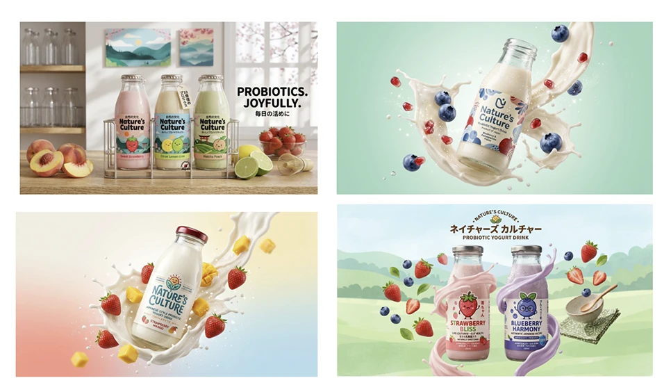 Four generated mockups of Nature's Culture yogurt bottles: on a kitchen counter, in splashes of yogurt with fruit, and in a meadow